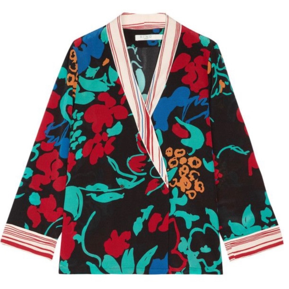 RIXO Black Floral Button-Down Shirt with Red, Teal & Blue Accents